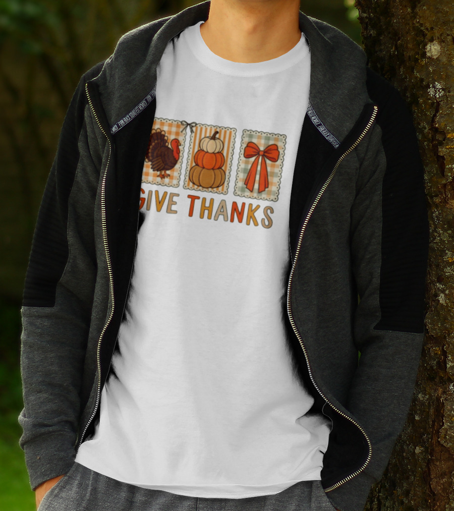 Thanksgiving Give Thanks Turkey Pumpkin Bow Harvest Celebration T-Shirt