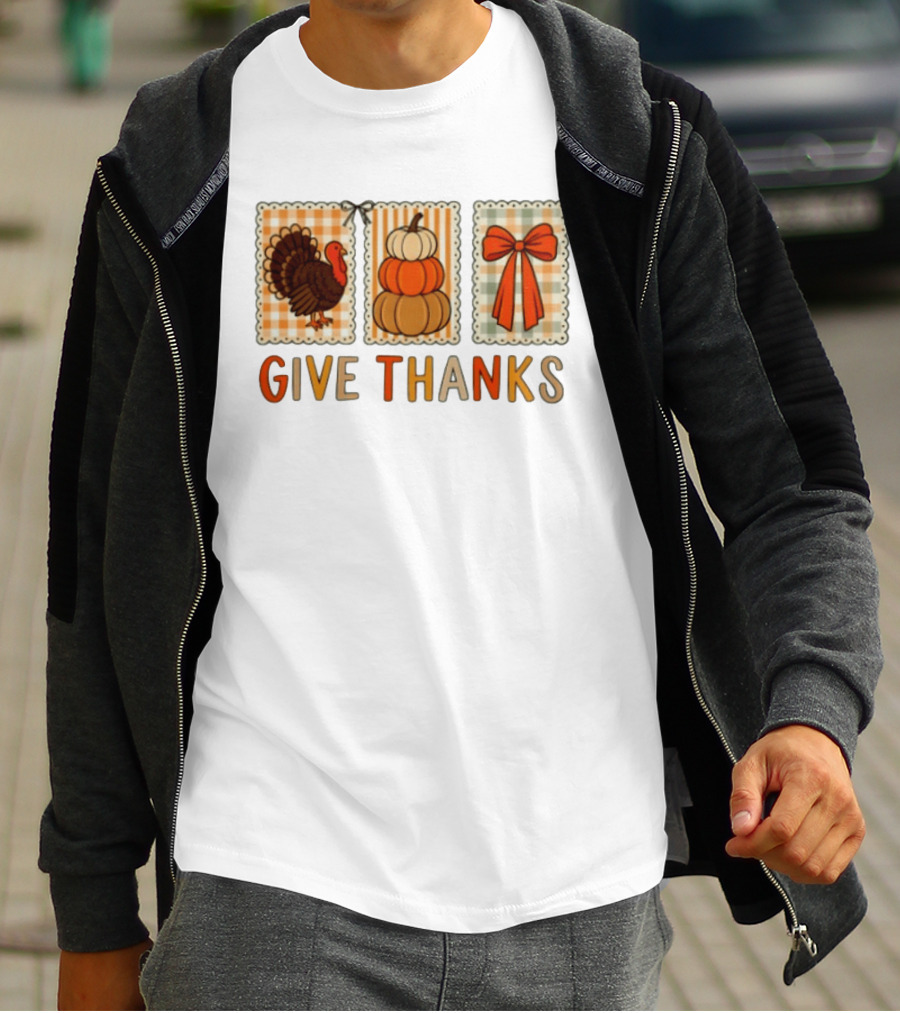 Thanksgiving Give Thanks Turkey Pumpkin Bow Harvest Celebration T-Shirt