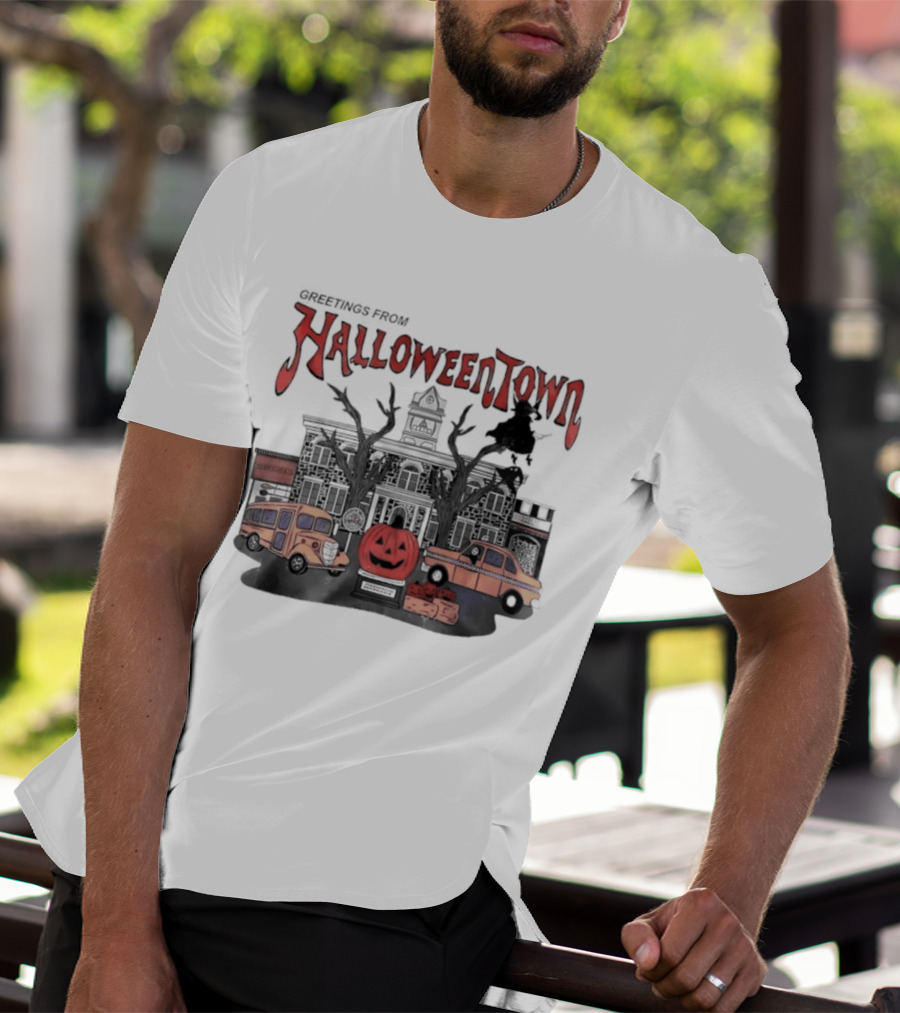 Greetings From Halloweentown Pumpkin Bus Witches Taxi T-Shirt