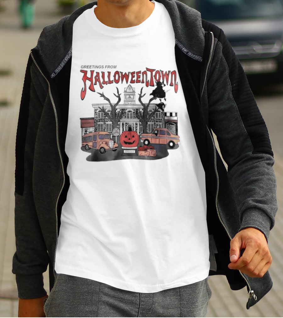 Greetings From Halloweentown Pumpkin Bus Witches Taxi T-Shirt