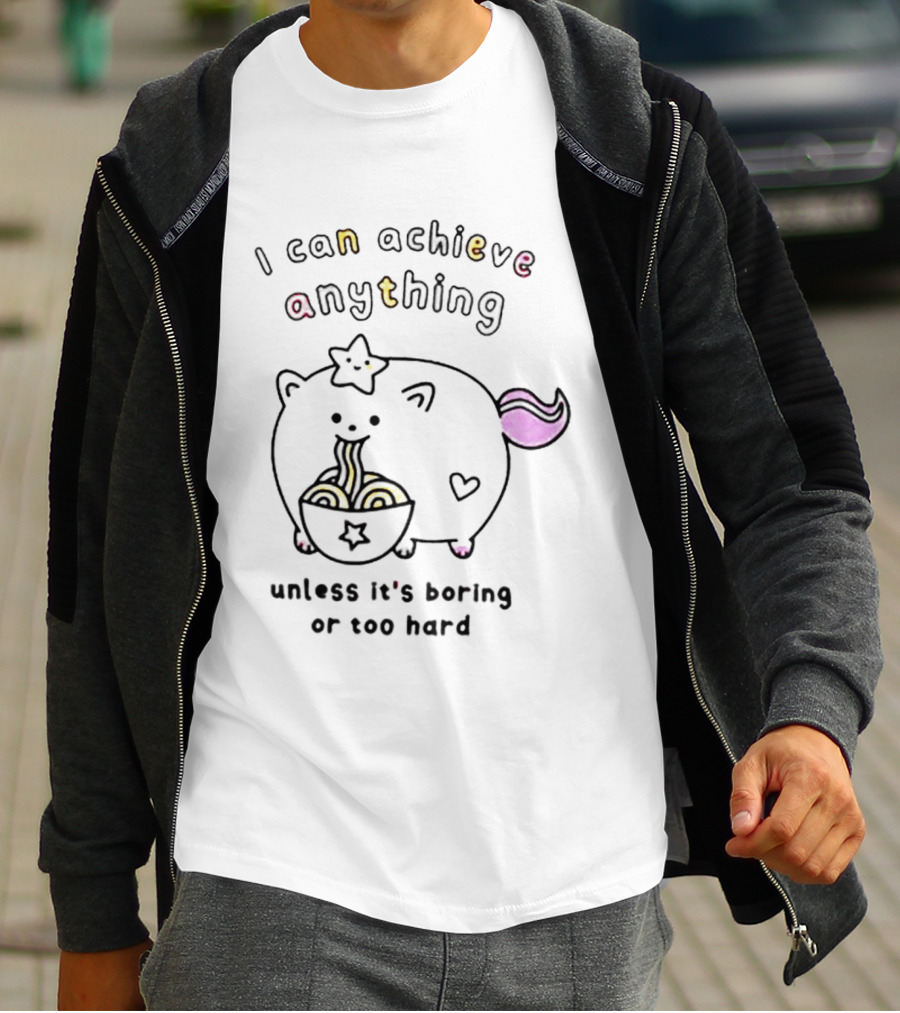 I Can Achieve Anything Cute Starry Cat Eating Noodles Unless It's Boring Or Too Hard T-Shirt