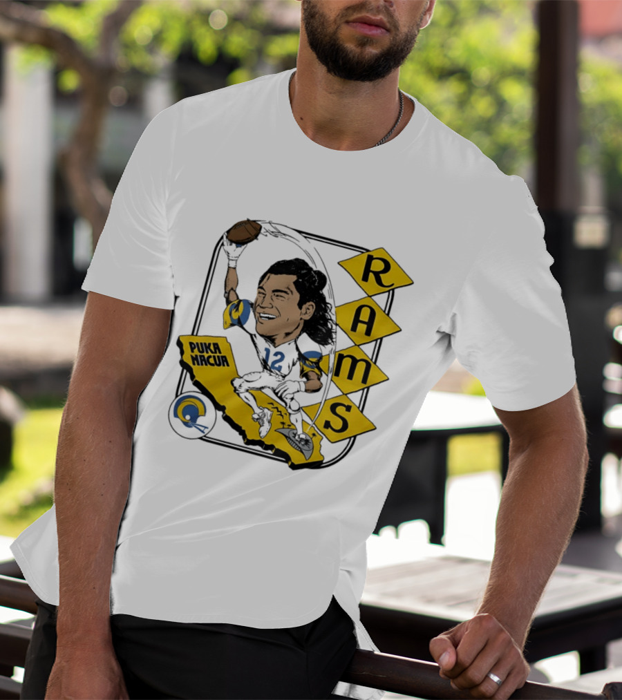 Los Angeles Rams Puka Nacua Caricature Football Player California Map T-Shirt