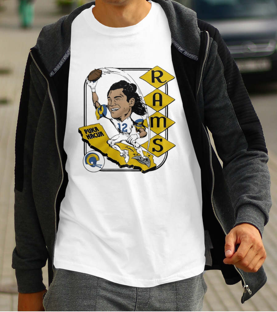 Los Angeles Rams Puka Nacua Caricature Football Player California Map T-Shirt