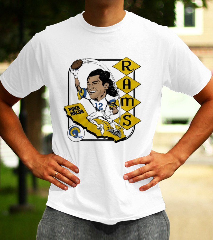 Los Angeles Rams Puka Nacua Caricature Football Player California Map T-Shirt