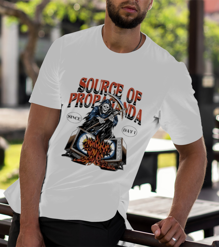 Source Of Propaganda Since Day 1 Grim Reaper Over Burning Television T-Shirt