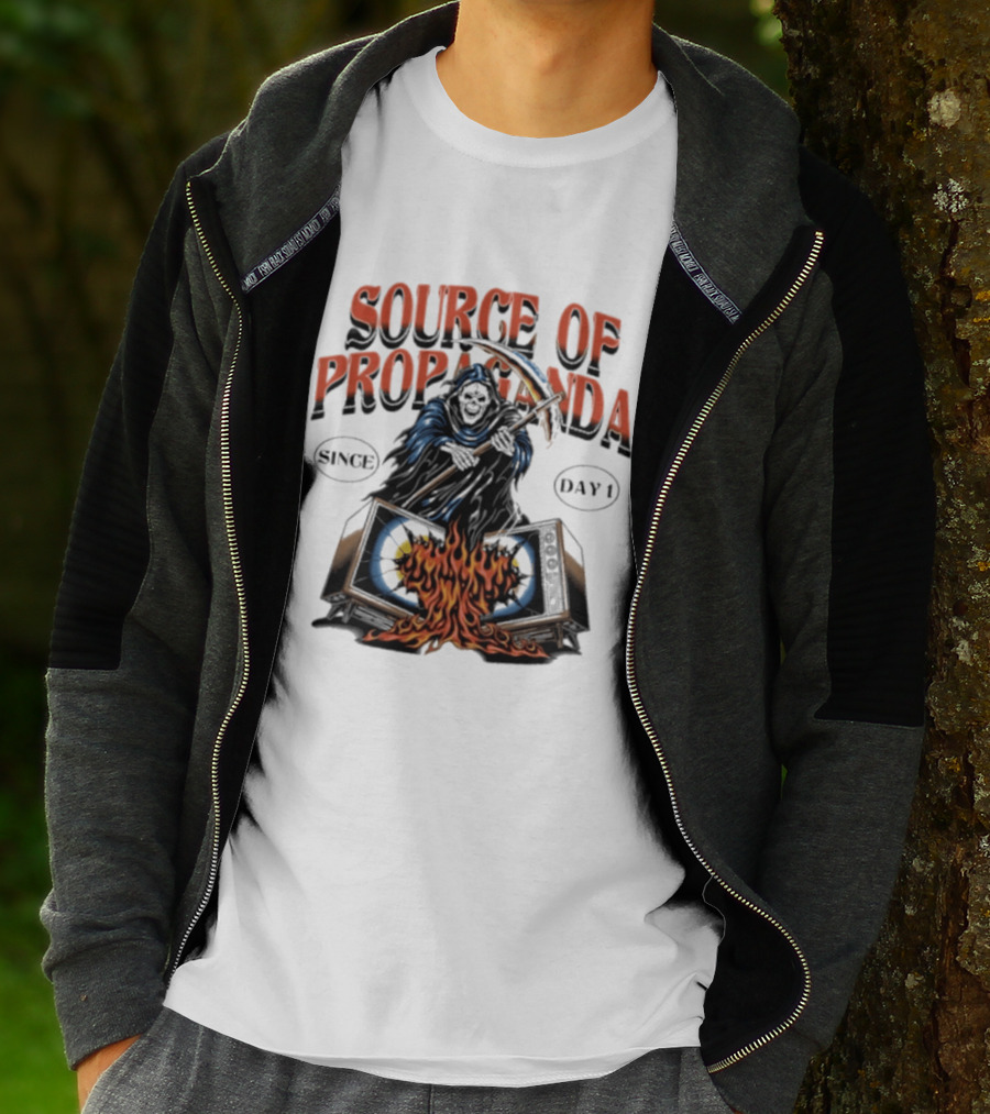 Source Of Propaganda Since Day 1 Grim Reaper Over Burning Television T-Shirt