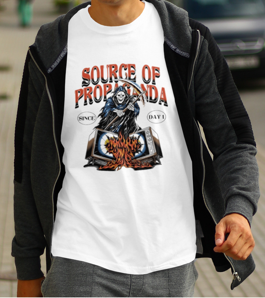 Source Of Propaganda Since Day 1 Grim Reaper Over Burning Television T-Shirt