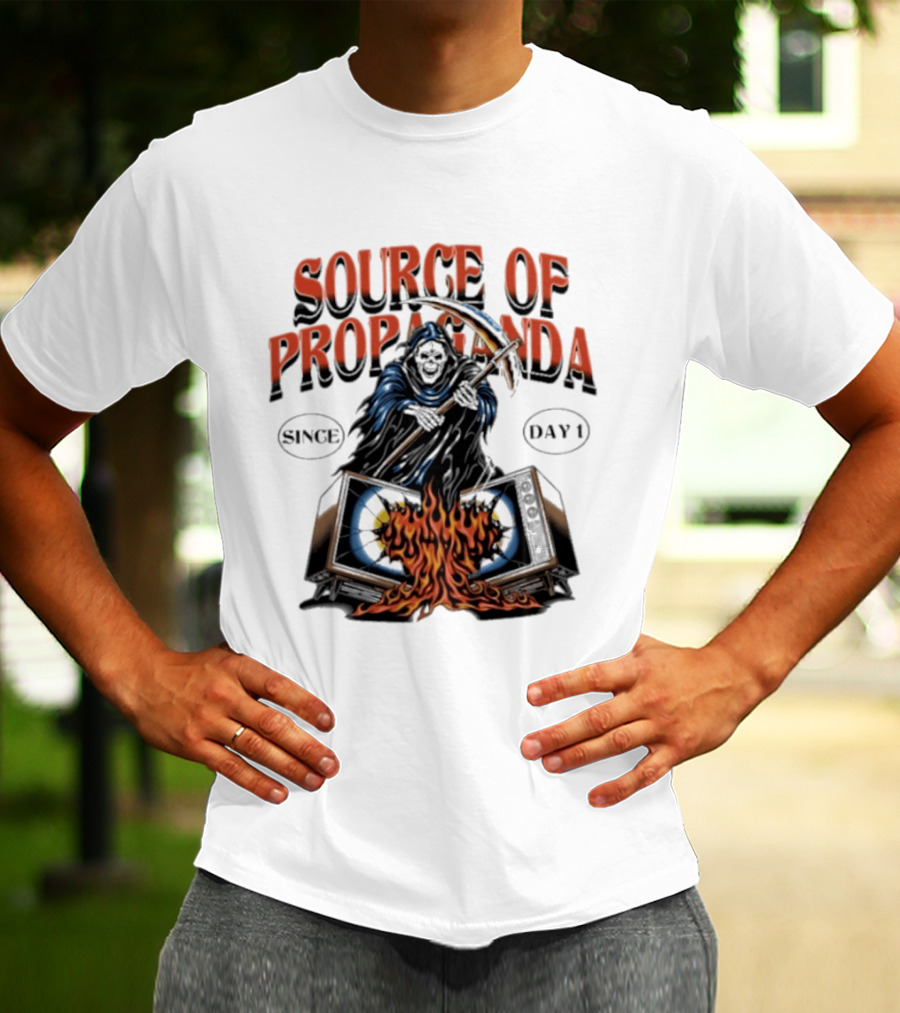 Source Of Propaganda Since Day 1 Grim Reaper Over Burning Television T-Shirt