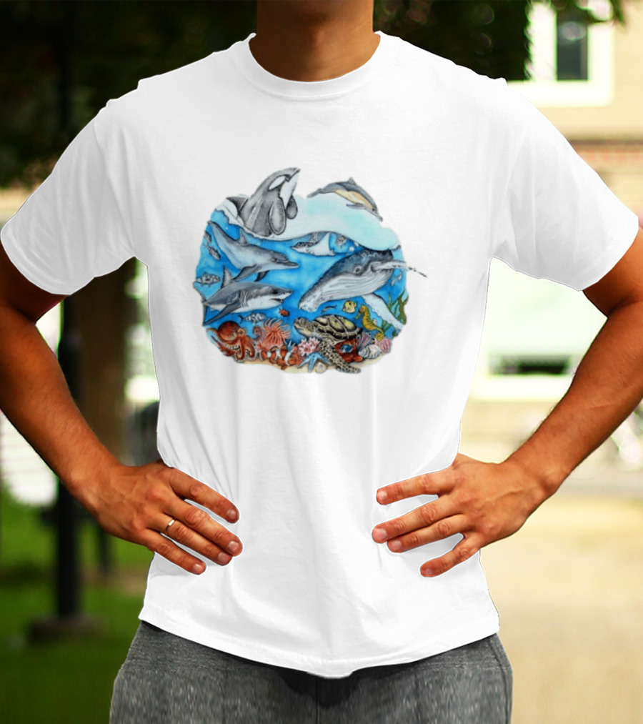 World Oceans Day Marine Life Dolphins Whales Turtles Octopus Coral Sea Animals Conservation T-Shirt
