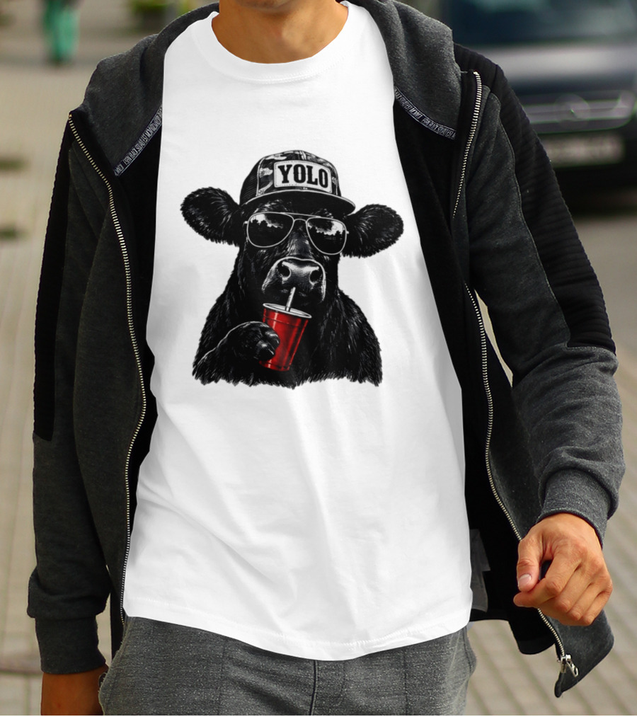YOLO Angus Cattle With Sunglasses And Red Cup Western T-Shirt