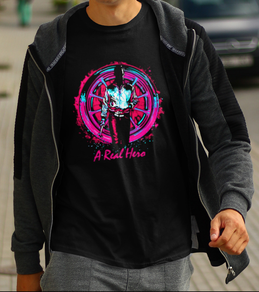 Drive Ryan Gosling Synthwave A Real Hero Wheel T-Shirt