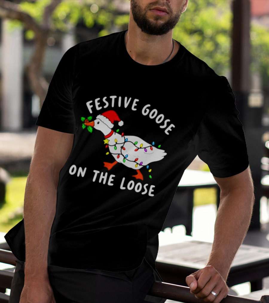 Festive Goose On The Loose With Christmas Lights And Santa Hat T-Shirt