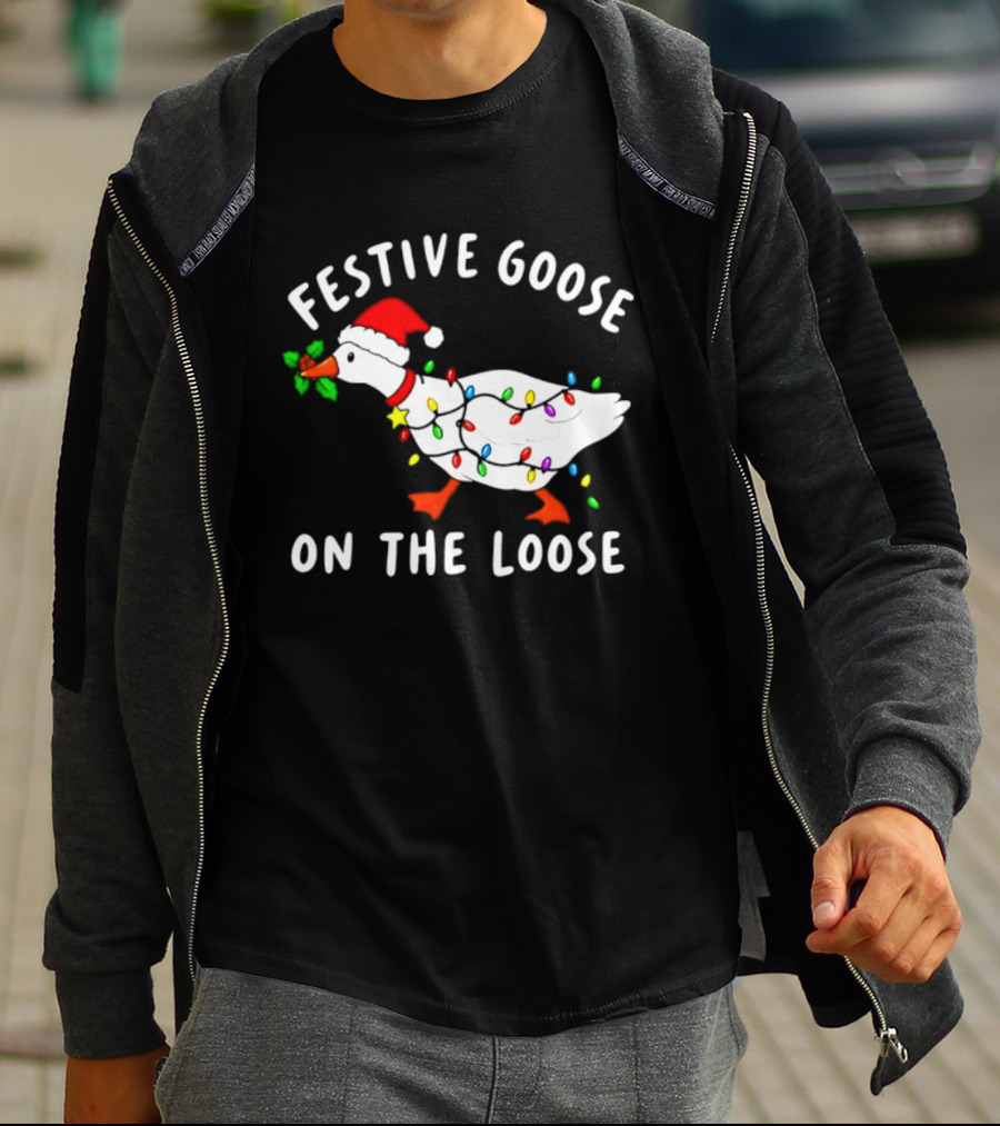 Festive Goose On The Loose With Christmas Lights And Santa Hat T-Shirt