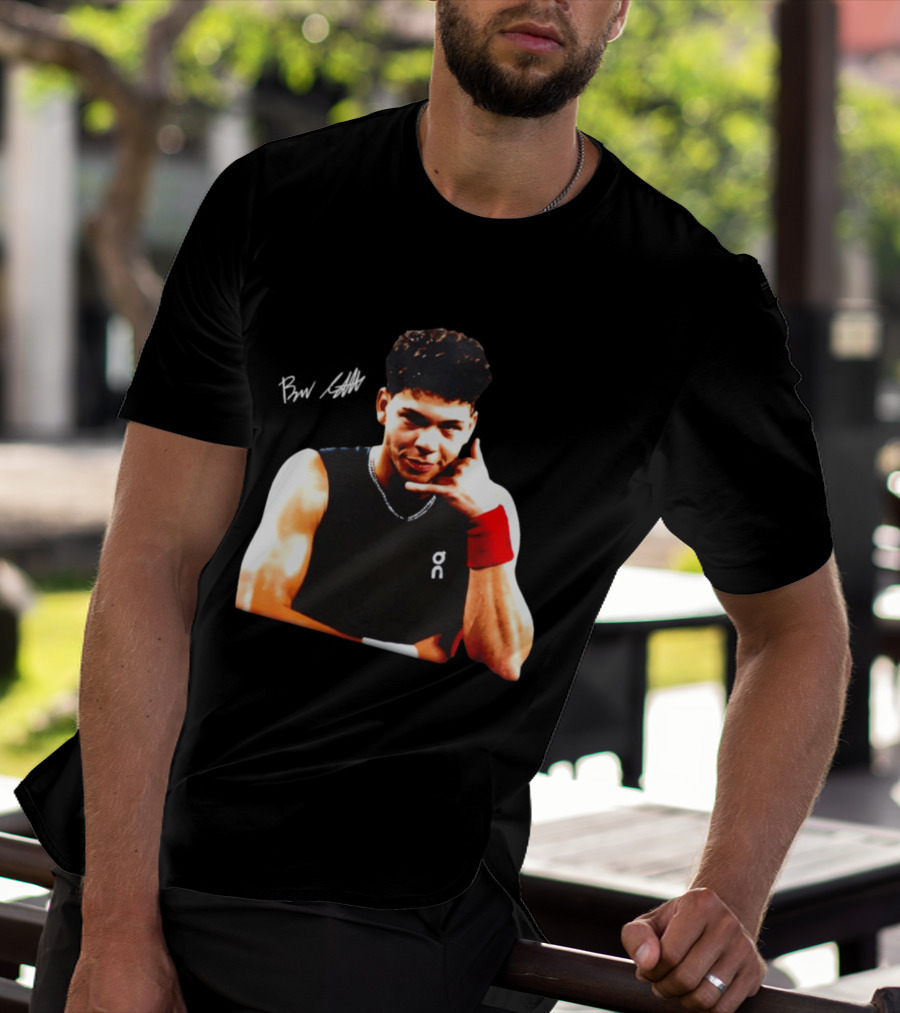 Ben Shelton Phone Gesture On Athletic Tank With Red Wristband T-Shirt
