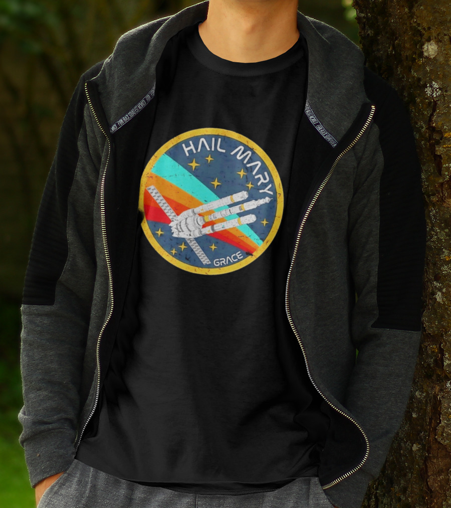 Hail Mary Grace Project Space Mission Emblem Retro Rocket T-Shirt
