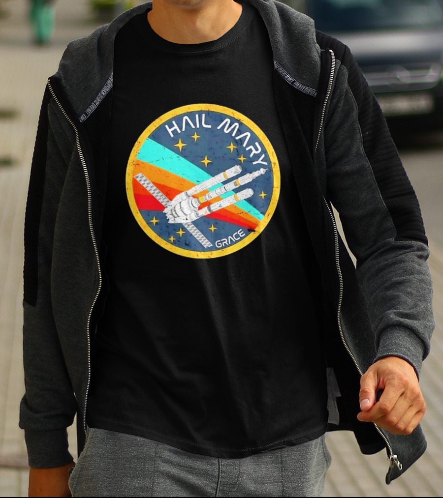 Hail Mary Grace Project Space Mission Emblem Retro Rocket T-Shirt