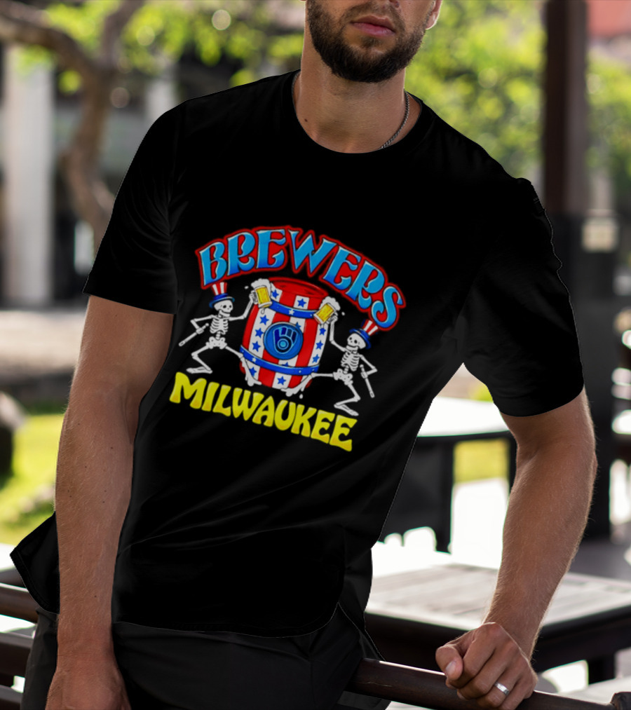 Brewers Milwaukee Skeleton Patriotic Barrel T-Shirt