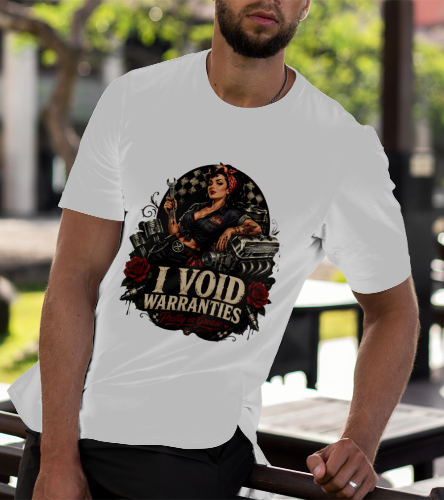 I Void Warranties Pretty In Grease Pin Up Girl Mechanic Troublemaker Engine Piston Rose Checkered T-Shirt