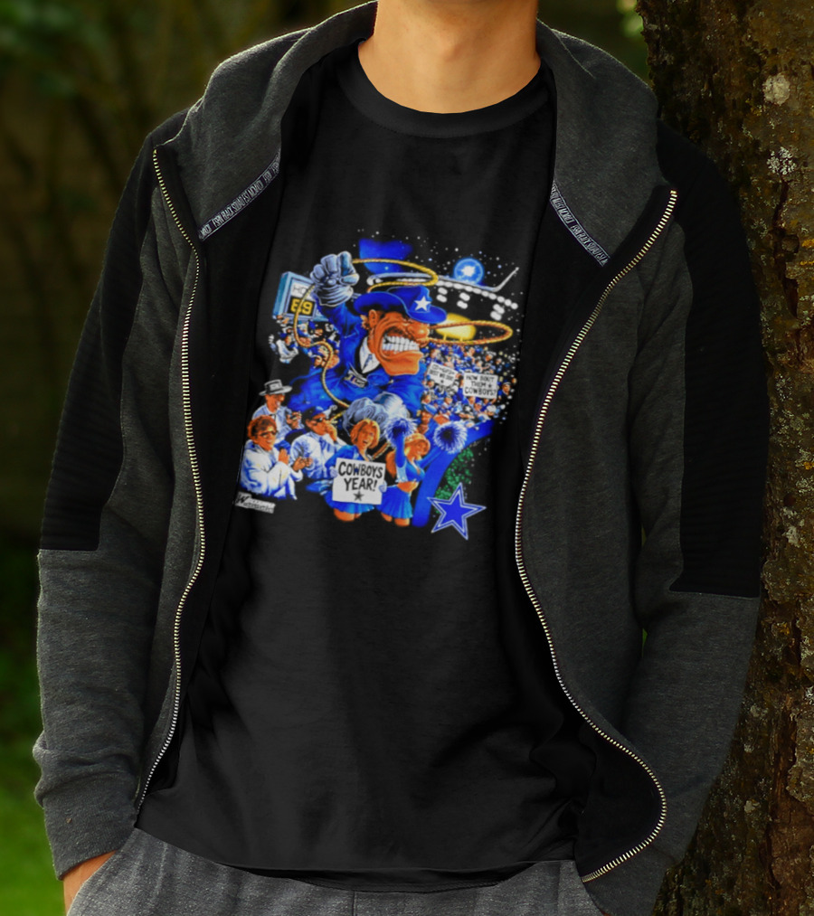 Dallas Cowboys Rowdy Mascot With Star And Cheerleaders Retro Cartoon T-Shirt