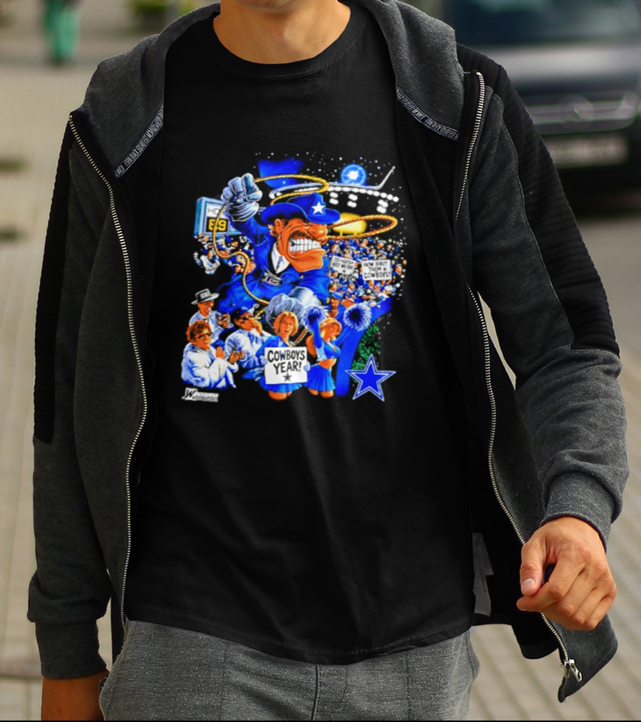 Dallas Cowboys Rowdy Mascot With Star And Cheerleaders Retro Cartoon T-Shirt
