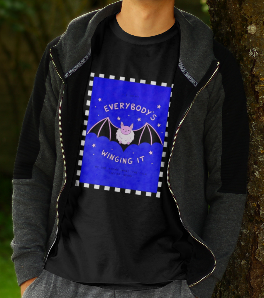It's Okay Everybody's Winging It No One Knows What They're Doing Pink Bat With Stars T-Shirt