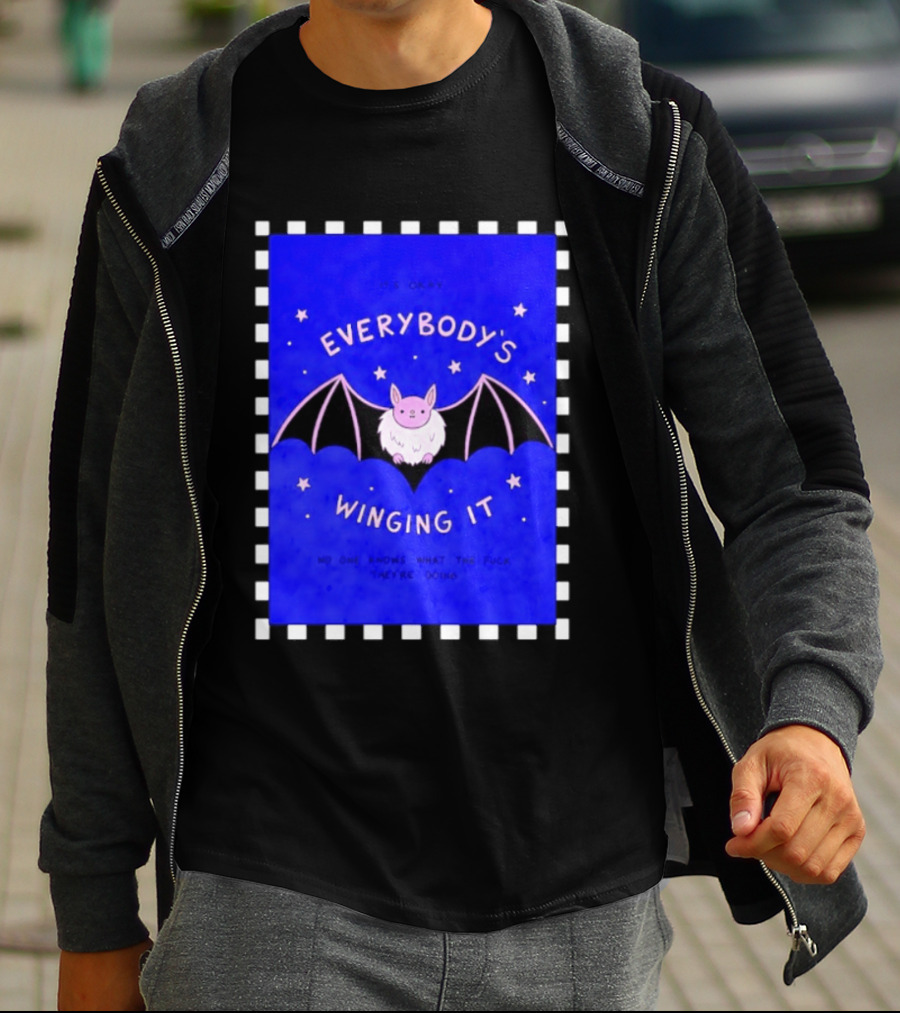 It's Okay Everybody's Winging It No One Knows What They're Doing Pink Bat With Stars T-Shirt