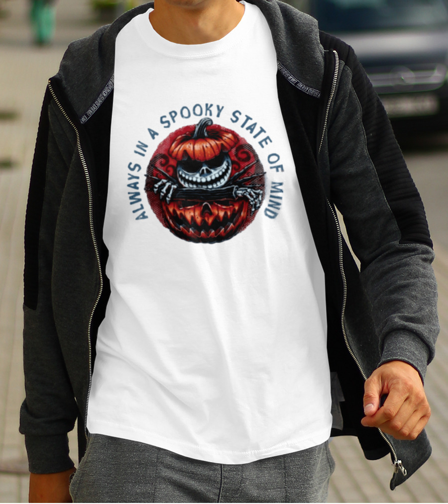 Always In A Spooky State Of Mind Halloween Skeleton Inside Pumpkin T-Shirt