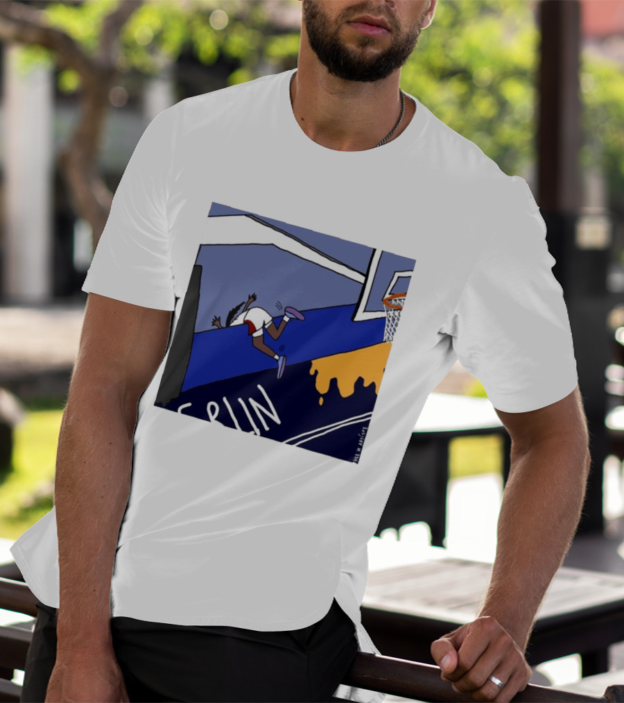 Basketball Player Diving Off Court Cartoon NBA Fan Art By Reuben Armstrong T-Shirt