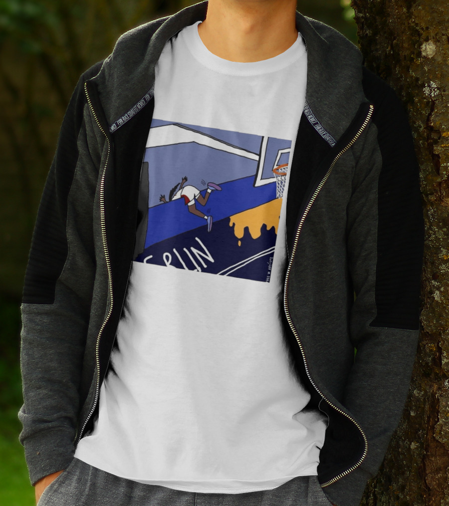 Basketball Player Diving Off Court Cartoon NBA Fan Art By Reuben Armstrong T-Shirt