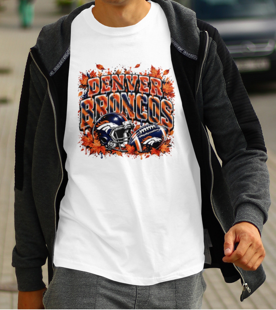 Denver Broncos Football Helmet Autumn Leaves Halloween 2026 T-Shirt