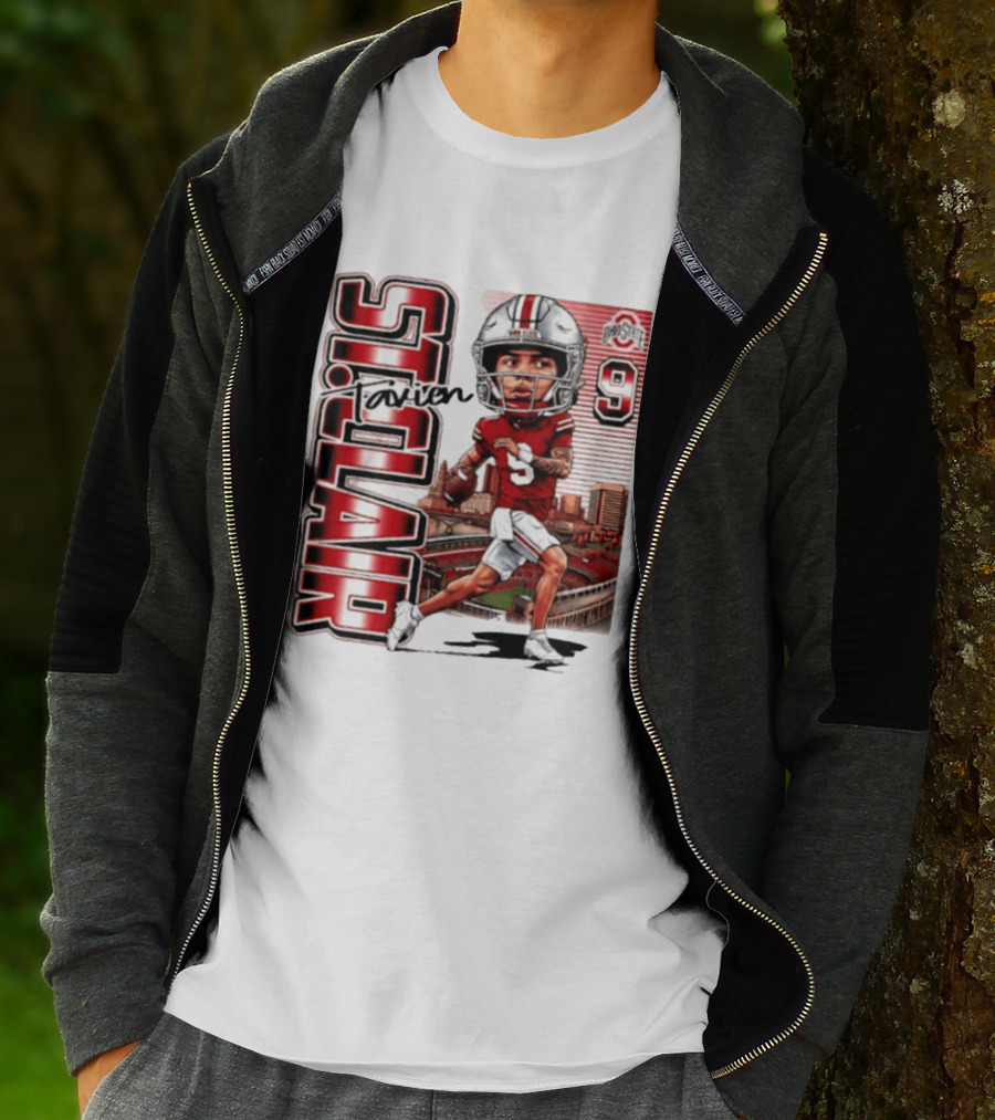 Tavien St. Clair 9 Ohio State Buckeyes Player Caricature With Ohio Stadium T-Shirt