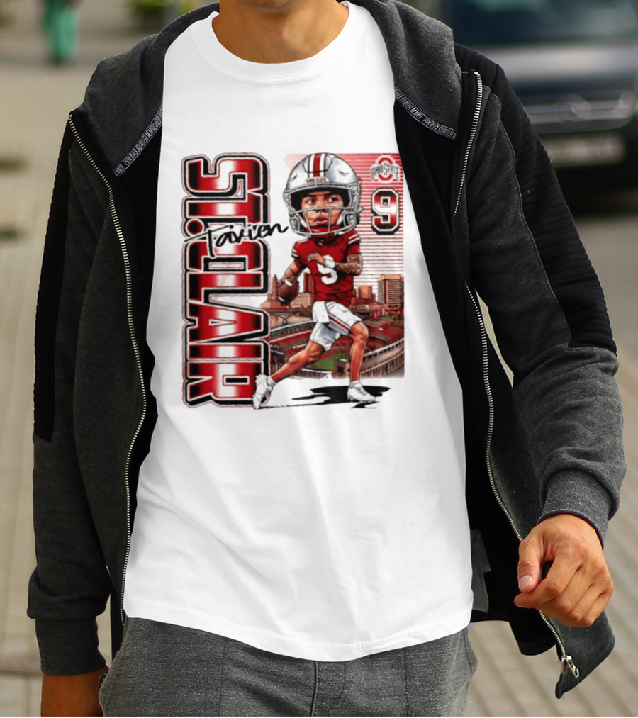 Tavien St. Clair 9 Ohio State Buckeyes Player Caricature With Ohio Stadium T-Shirt