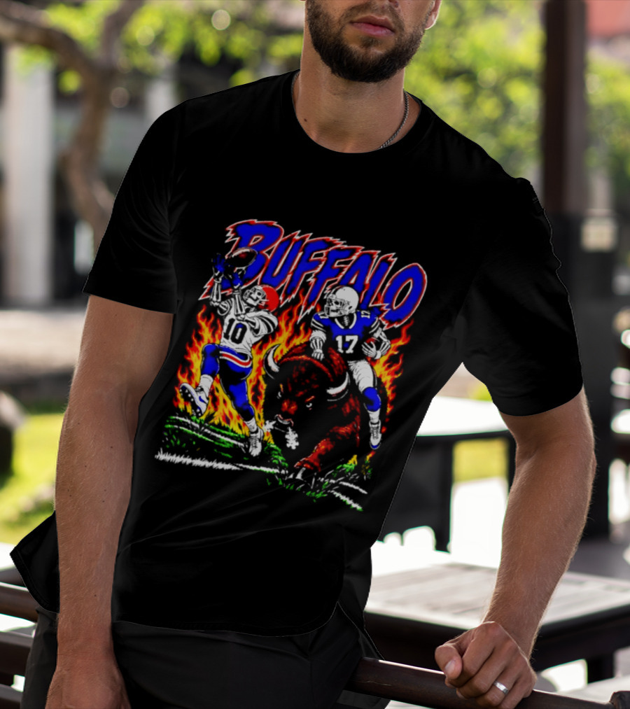 Buffalo Bills Flaming Skeleton Football Players Number 10 And 17 T-Shirt