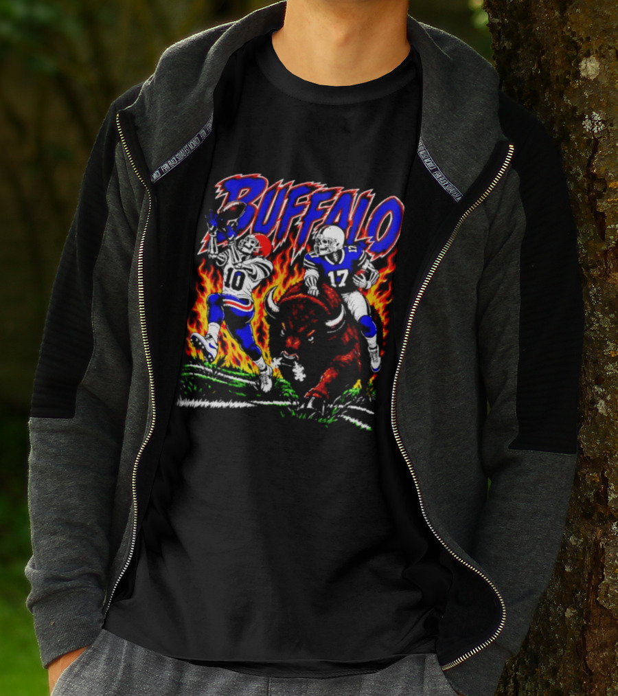 Buffalo Bills Flaming Skeleton Football Players Number 10 And 17 T-Shirt