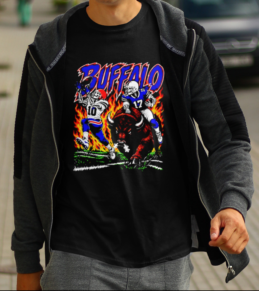 Buffalo Bills Flaming Skeleton Football Players Number 10 And 17 T-Shirt