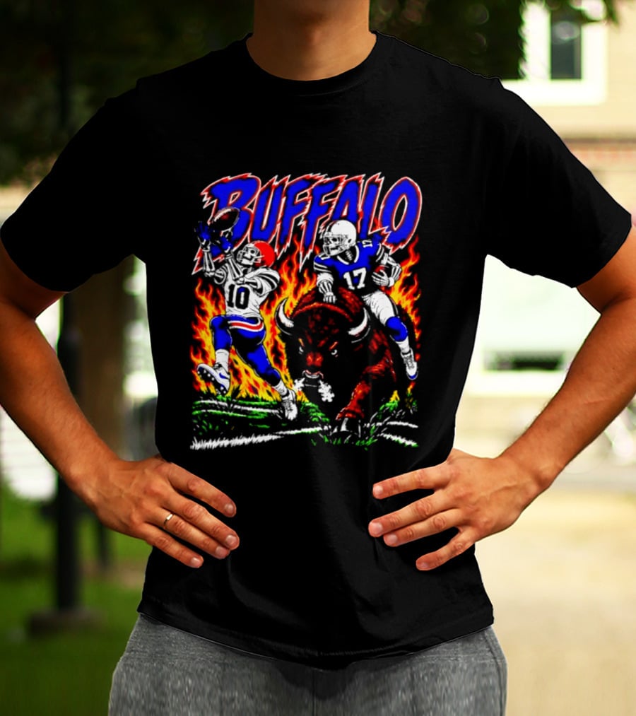 Buffalo Bills Flaming Skeleton Football Players Number 10 And 17 T-Shirt