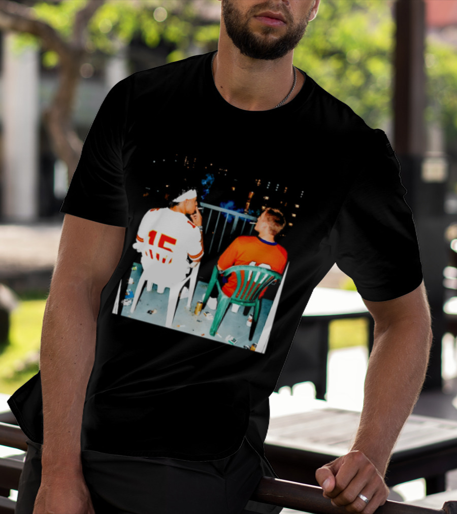 Patrick Mahomes Kansas City Chiefs And Bo Nix Denver Broncos Smoking Behind Skyline T-Shirt