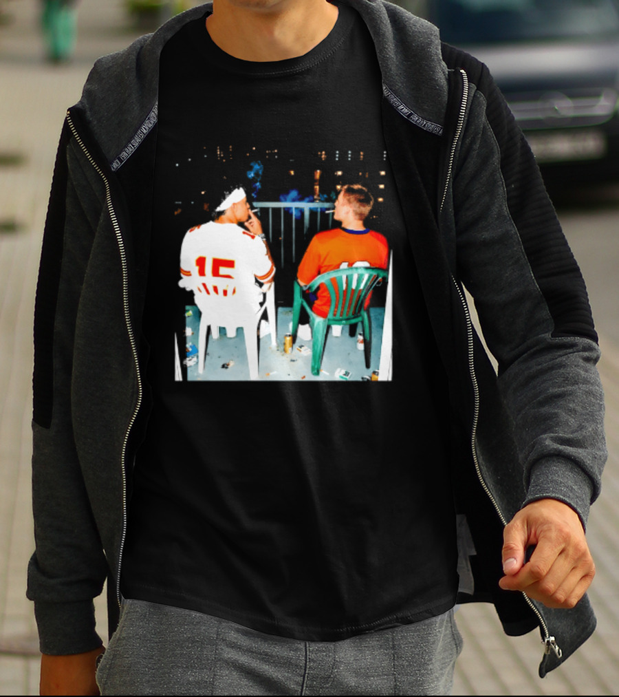 Patrick Mahomes Kansas City Chiefs And Bo Nix Denver Broncos Smoking Behind Skyline T-Shirt