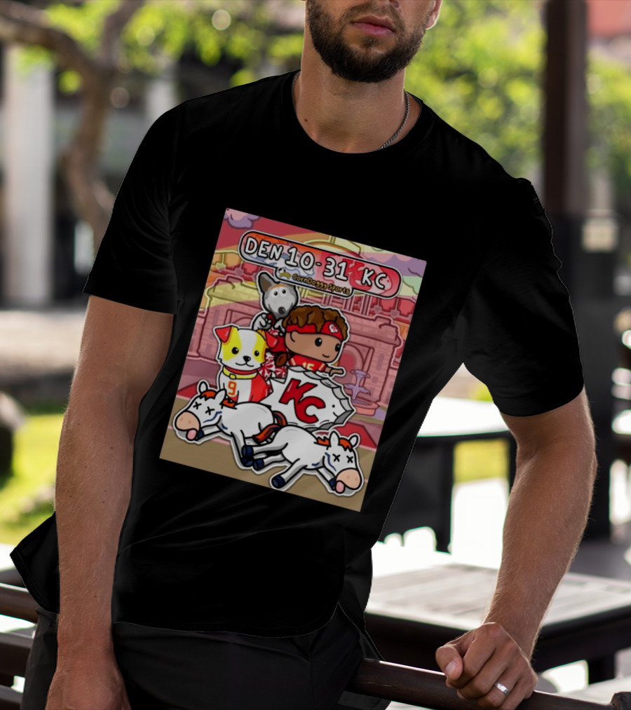 CornDoggy Sports DEN 10 31 KC Denver Broncos Vs Kansas City Chiefs Cartoon Characters And Dogs With Football T-Shirt