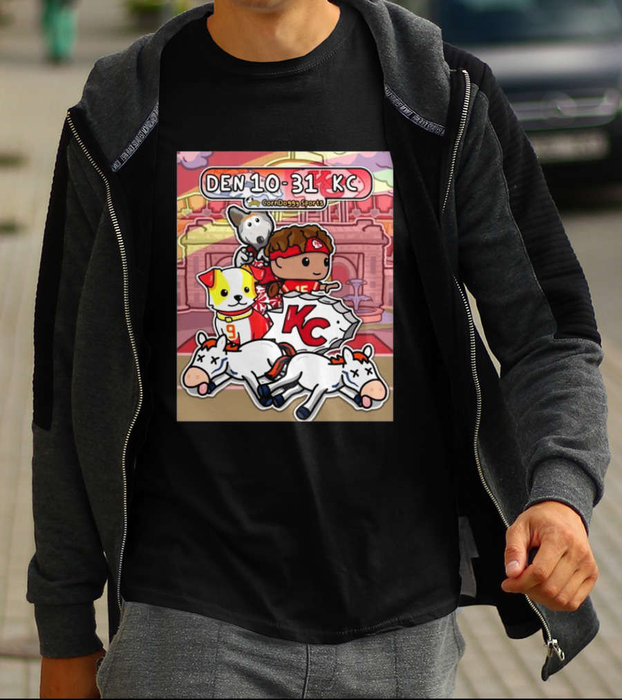 CornDoggy Sports DEN 10 31 KC Denver Broncos Vs Kansas City Chiefs Cartoon Characters And Dogs With Football T-Shirt