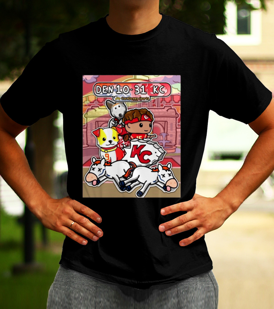 CornDoggy Sports DEN 10 31 KC Denver Broncos Vs Kansas City Chiefs Cartoon Characters And Dogs With Football T-Shirt