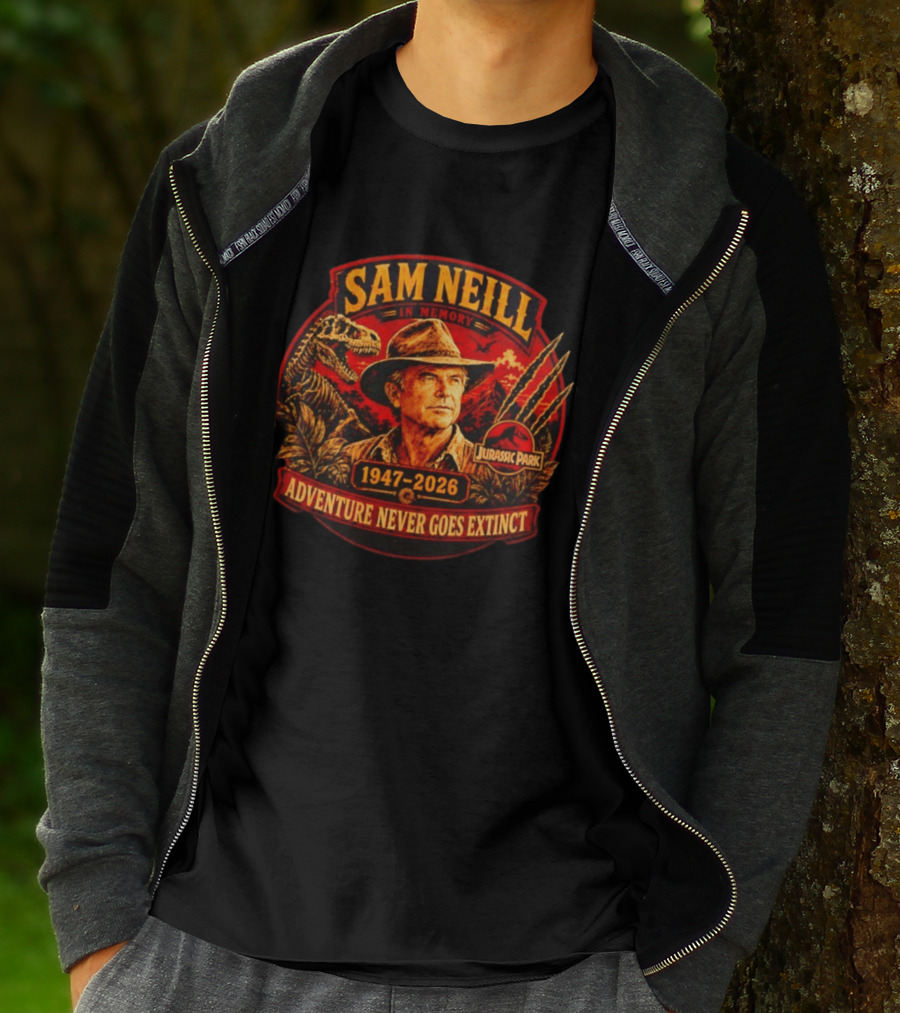 Sam Neill In Memory 1947 2026 Jurassic Park Adventure Never Goes Extinct T-Shirt