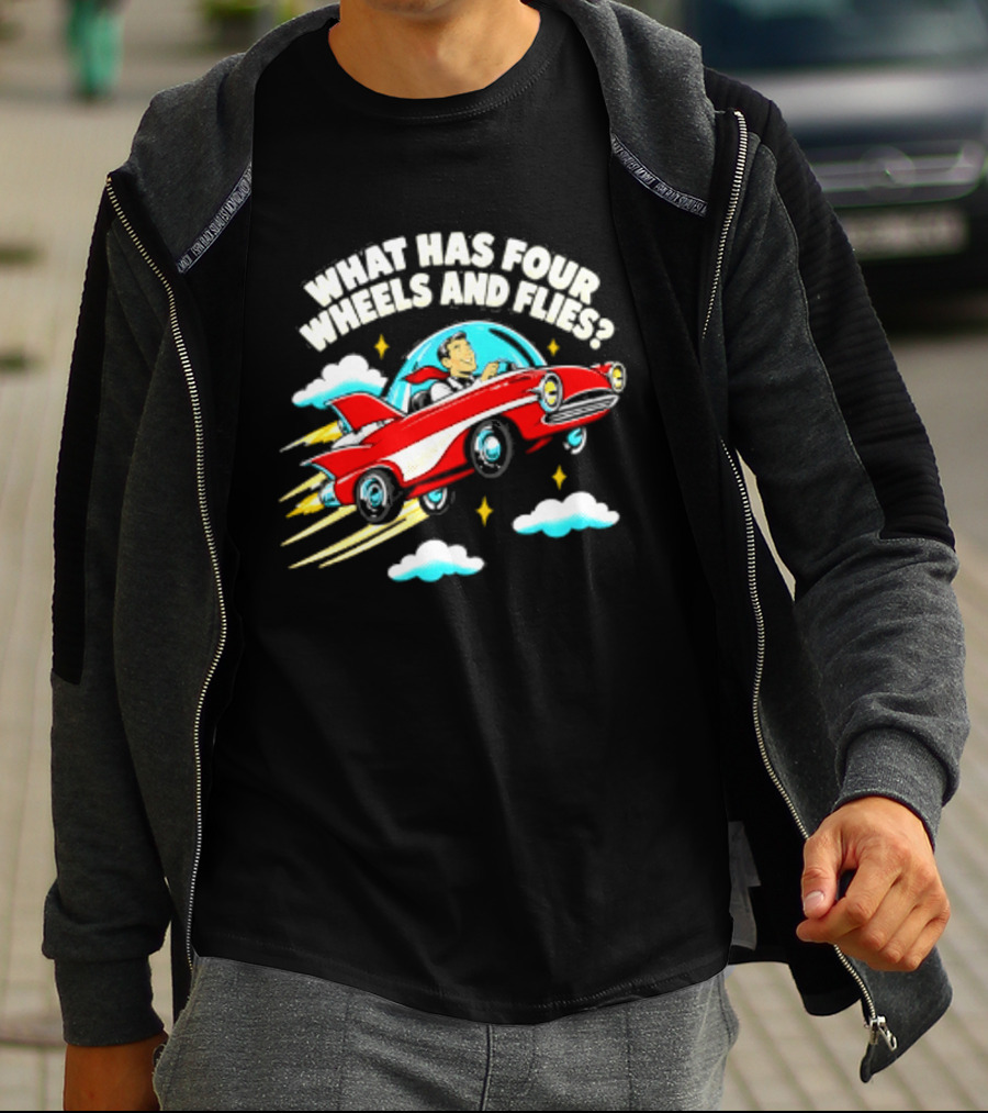 What Has Four Wheels And Flies Retro Flying Car With Clouds And Stars T-Shirt