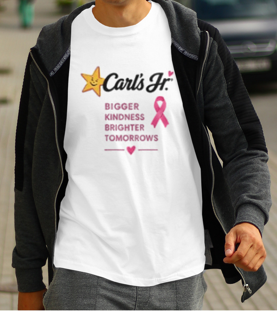 Carl's Jr Bigger Kindness Brighter Tomorrows Pink Ribbon Breast Cancer Awareness T-Shirt