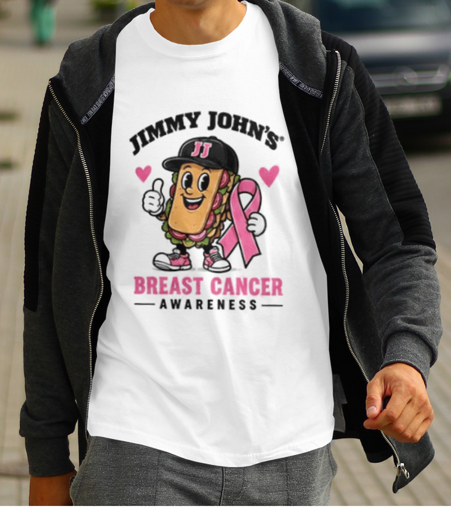 Jimmy John's Pink Ribbon Breast Cancer Awareness Sandwich JJ Hat Hearts T-Shirt