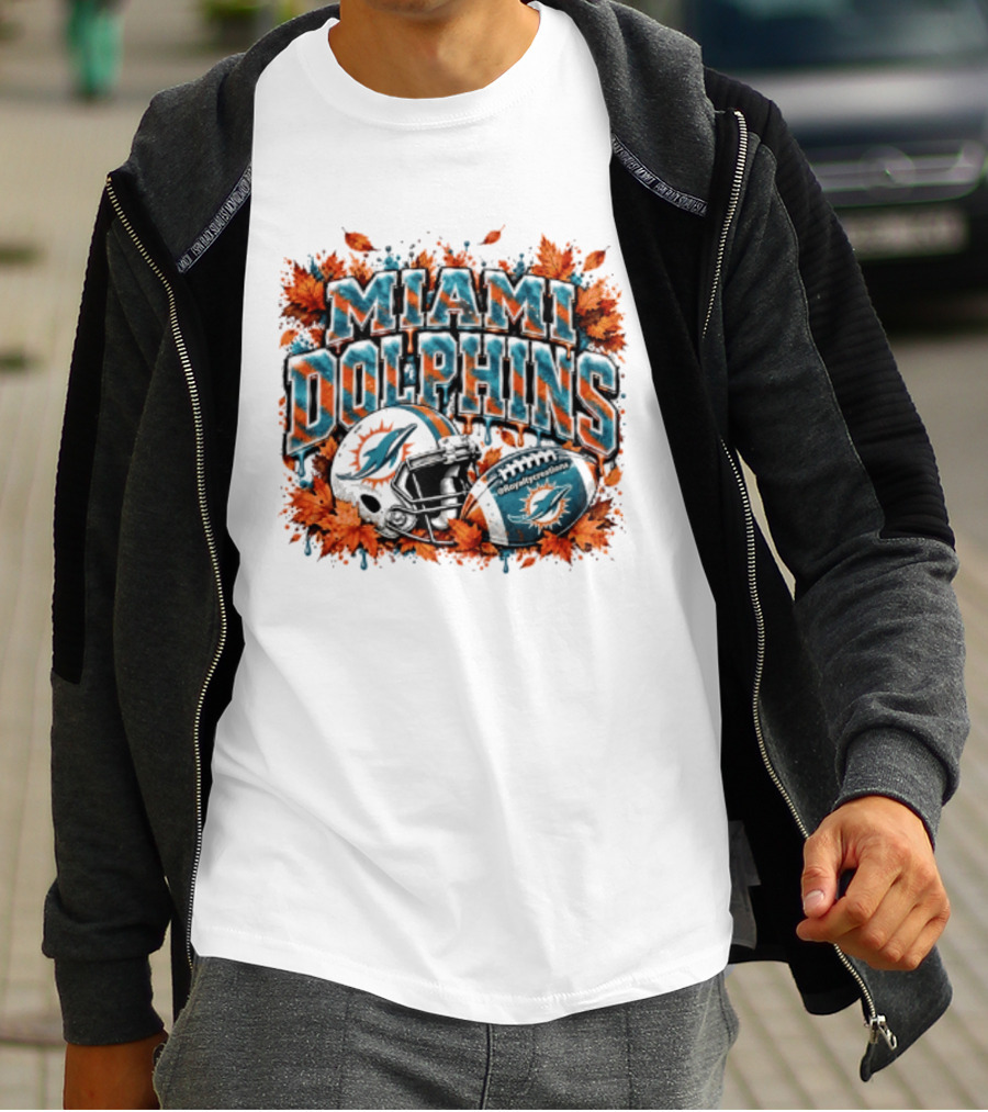 Miami Dolphins Football Helmet Autumn Leaves Halloween 2026 T-Shirt