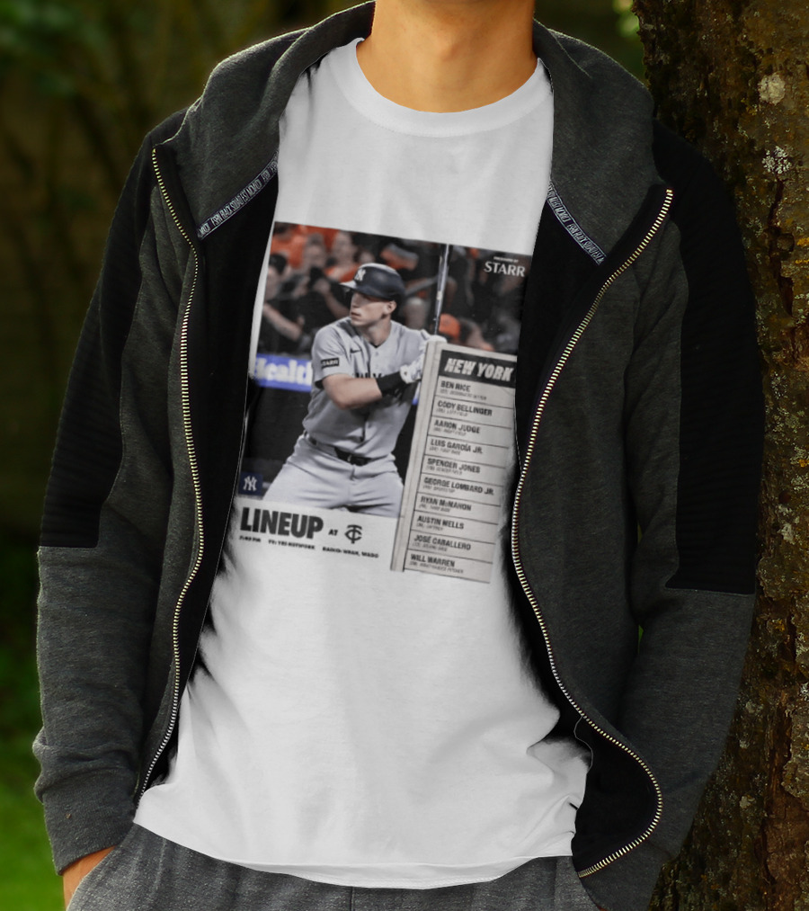 New York Yankees Starr Lineup At Minnesota Twins Aaron Judge Ben Rice Cody Bellinger Spencer Jones T-Shirt
