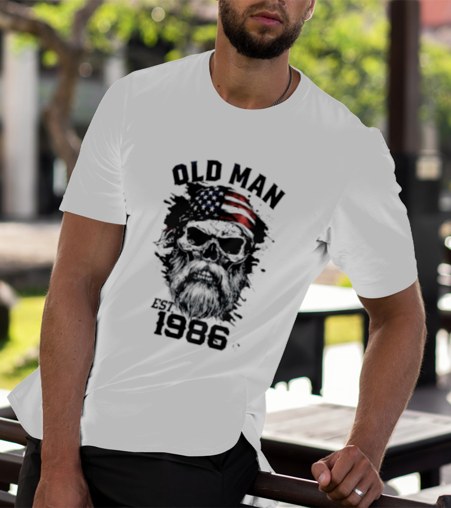 Old Man Est 1986 Skull American Flag Bandana T-Shirt