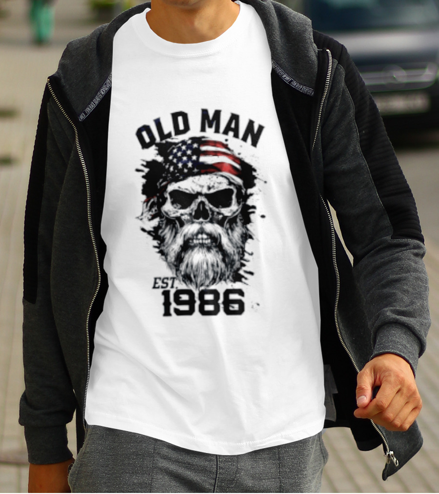 Old Man Est 1986 Skull American Flag Bandana T-Shirt