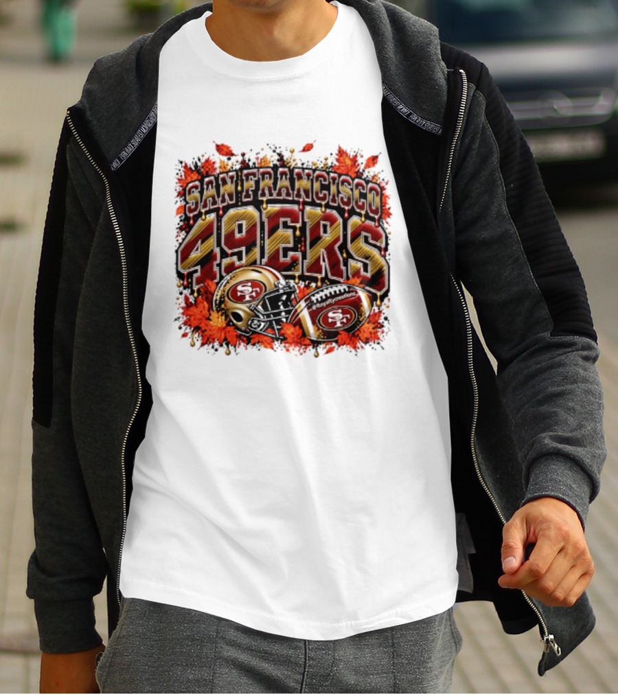 San Francisco 49ers Helmet And Football Autumn Leaves 2026 T-Shirt